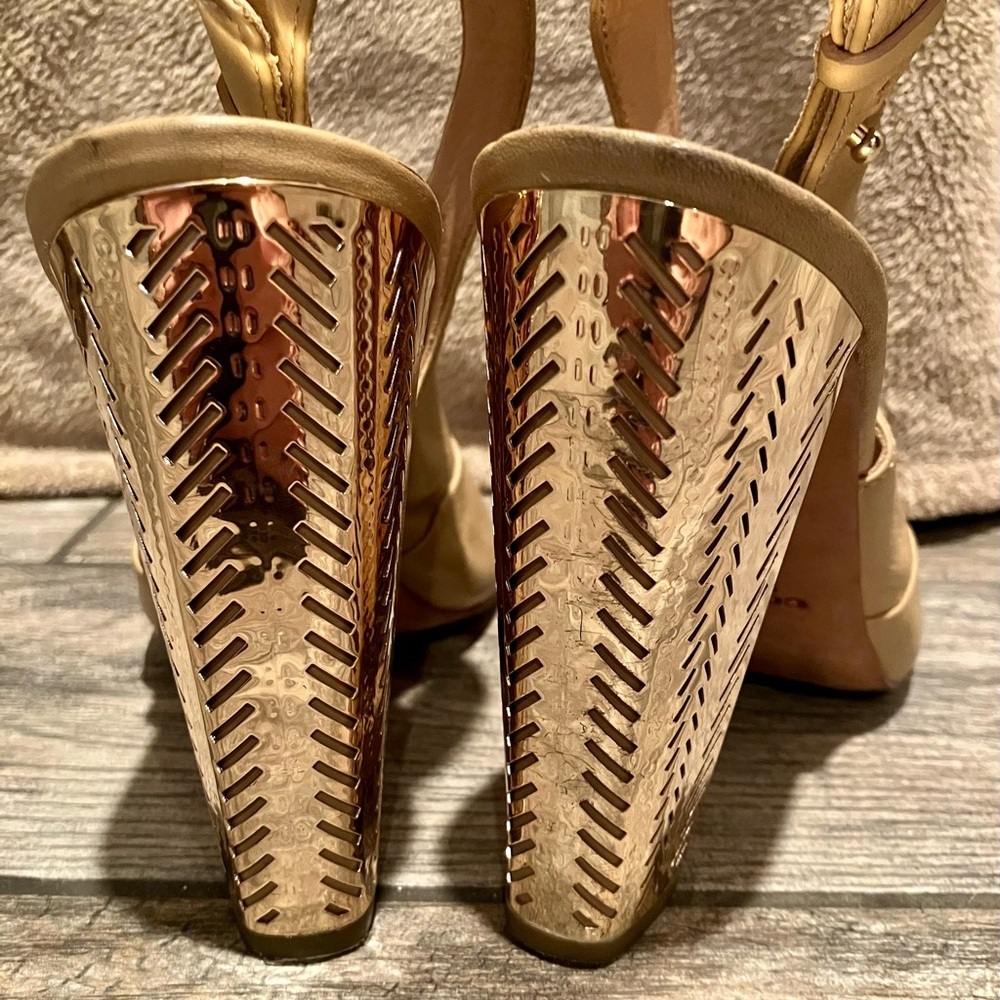 Coach Lillie Leather Slingback Peep Toe Bootie‎ Gold Metallic Block Heel Size 11 - Picture 11 of 12